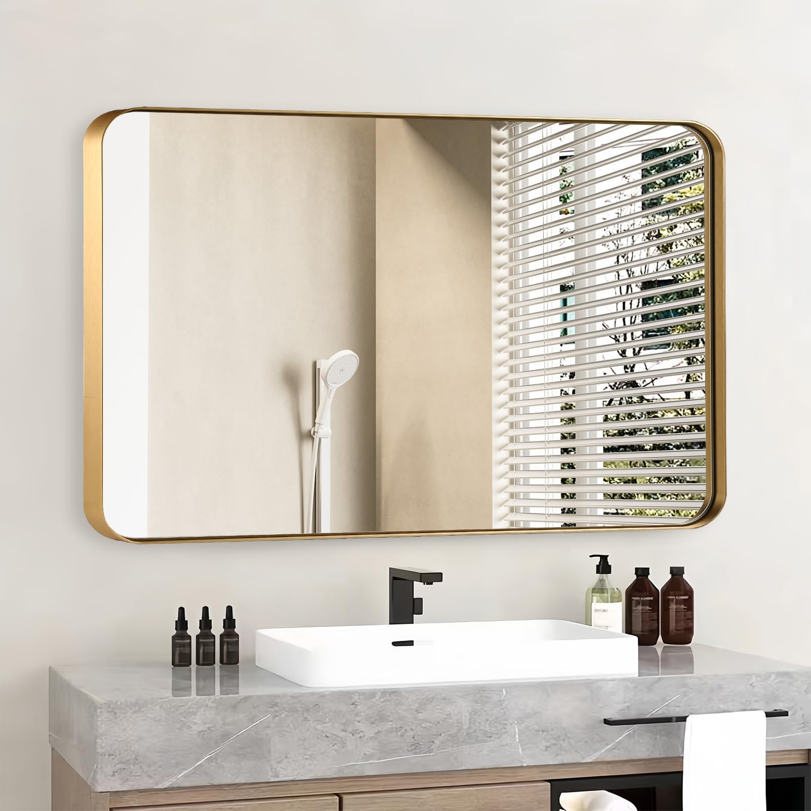 JENBELY 40x30 Inch Gold Bathroom Mirror, Brushed Metal Framed Rectangle Mirror with Rounded Corner, Gold Bathroom Vanity Mirror for Bedroom or Living Room, Horizontal/Vertical