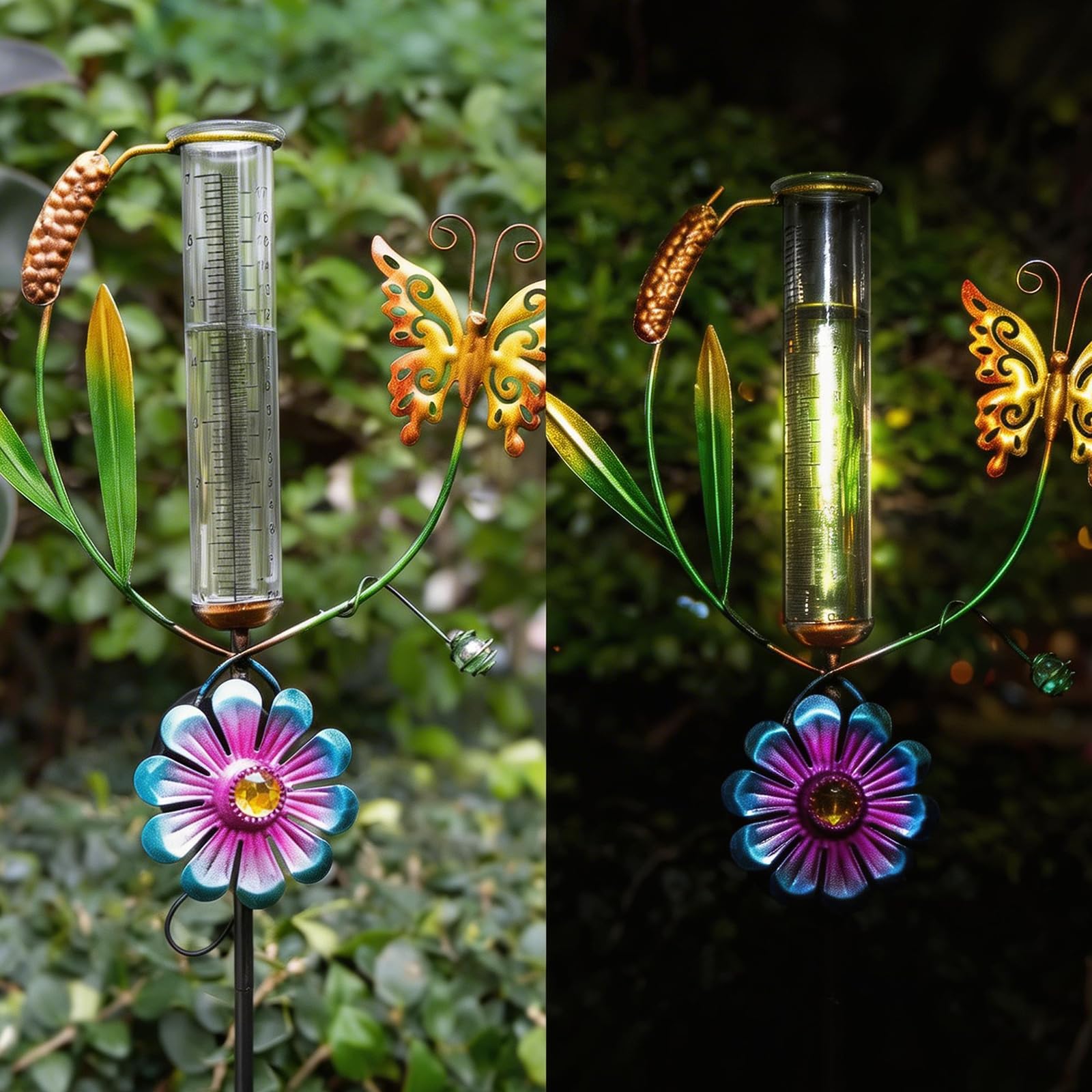 HOSPAOP Solar Regenmesser für Garten mit Erdspieß und LED, Niederschlagsmesser Frostsicher Glas für Rasen, Terrasse, Feldern, Innenhöfen, Gartendeko