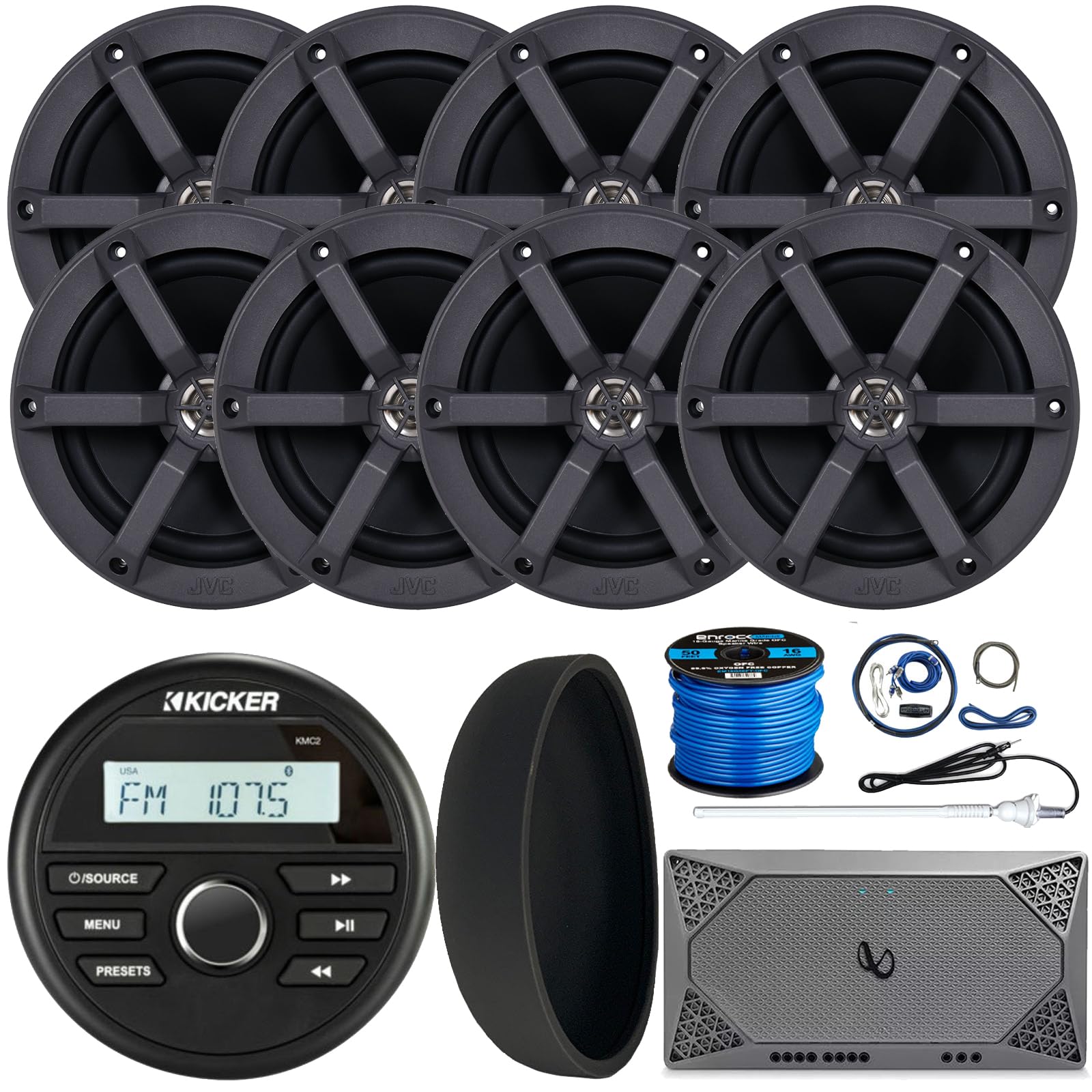 Kicker 46KMC2 Marine Bluetooth All-Weather AM/FM USB/AUX Gauge Style Media Center Receiver W/Black Cover, 8X 6.5 100W Max Power 2-Way Boat Speakers, 4-Channel Amplifier W/Kit, Antenna, Speaker Wire