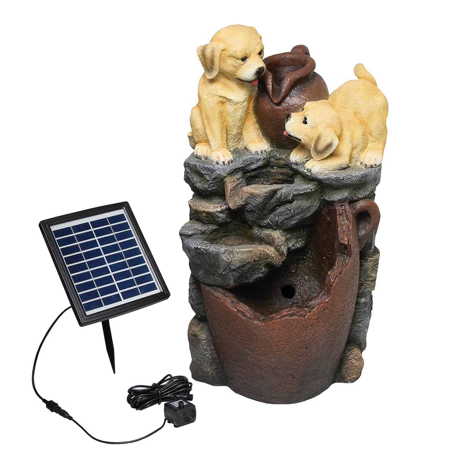 Coopers Of Stortford Brown - Solar Puppy Water Feature With Led Lights - Solar Powered Decorative Pet Sculpture - Made From Weatherproof Polyresin - Outdoor Garden Water Fountain