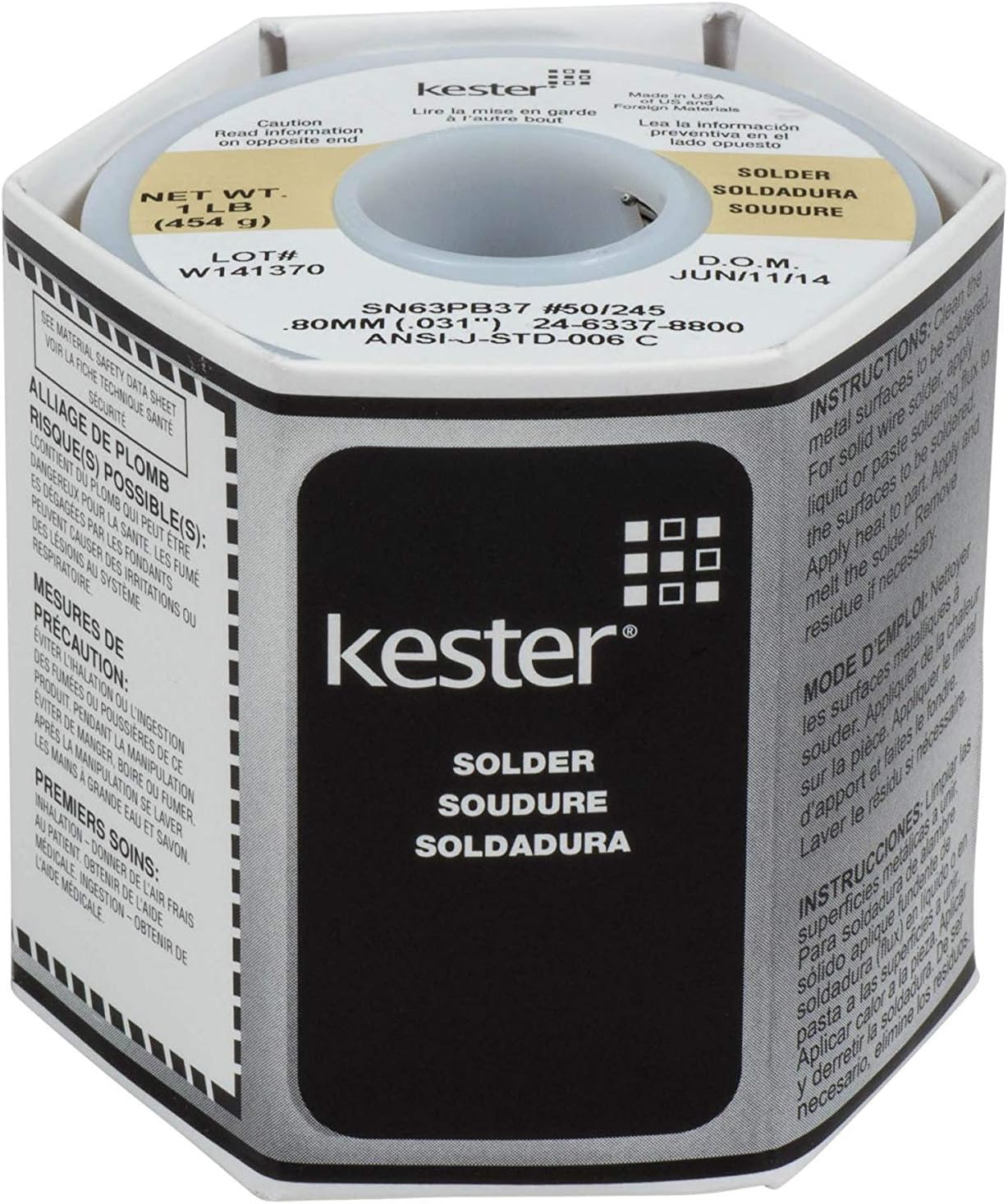 Kester 24-6337-8800 50 Activated Rosin Cored Wire Solder Roll, 245 No-Clean, 63/37 Alloy, 0.031" Diameter