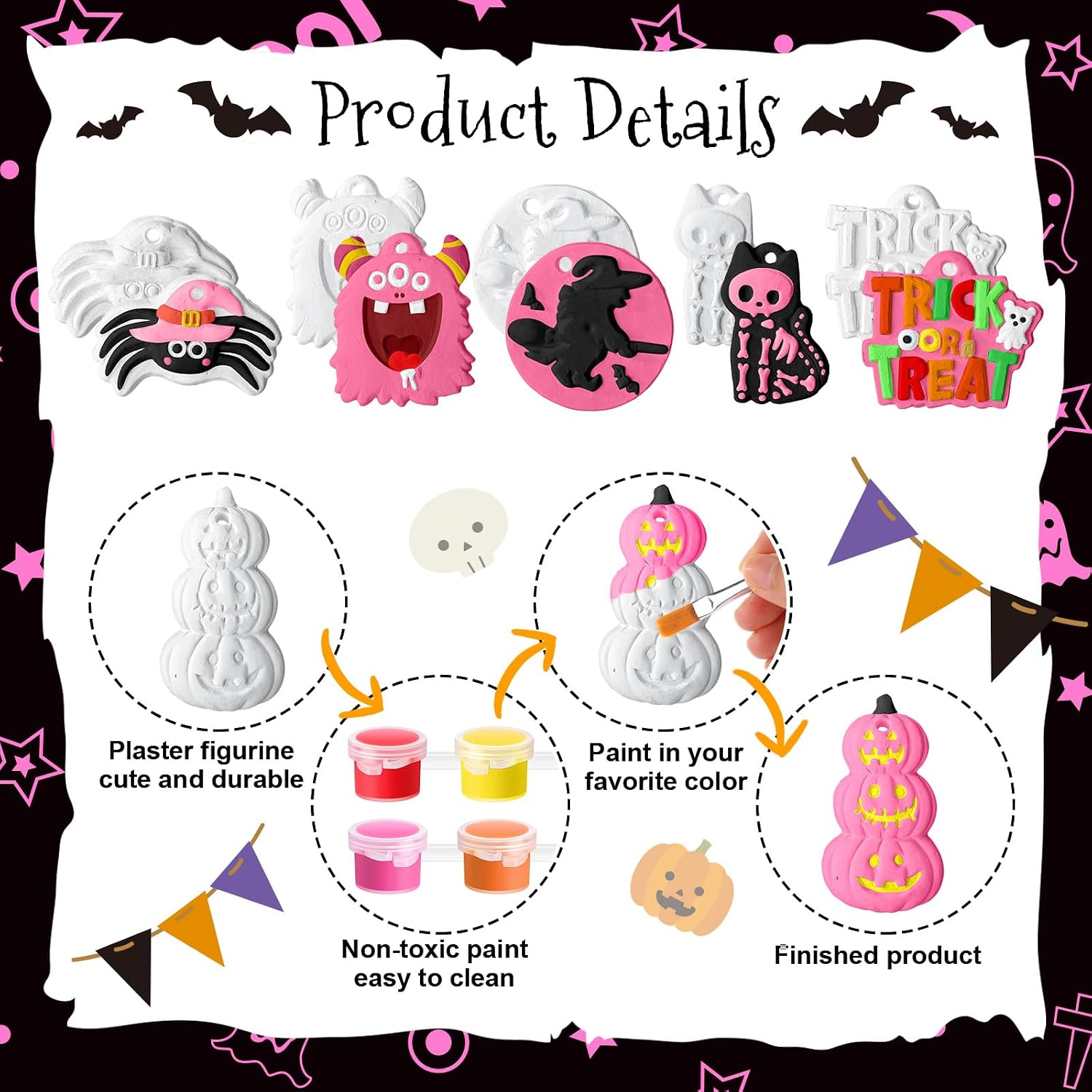 Seenelling 24 Sets DIY Painting Kits Paint Your Own Ceramics Monsters Ghost Unpainted Plaster Statues Arts and Crafts with Brush, Lanyard for Classroom Kid DIY Paint Craft Kit(Kawaii)