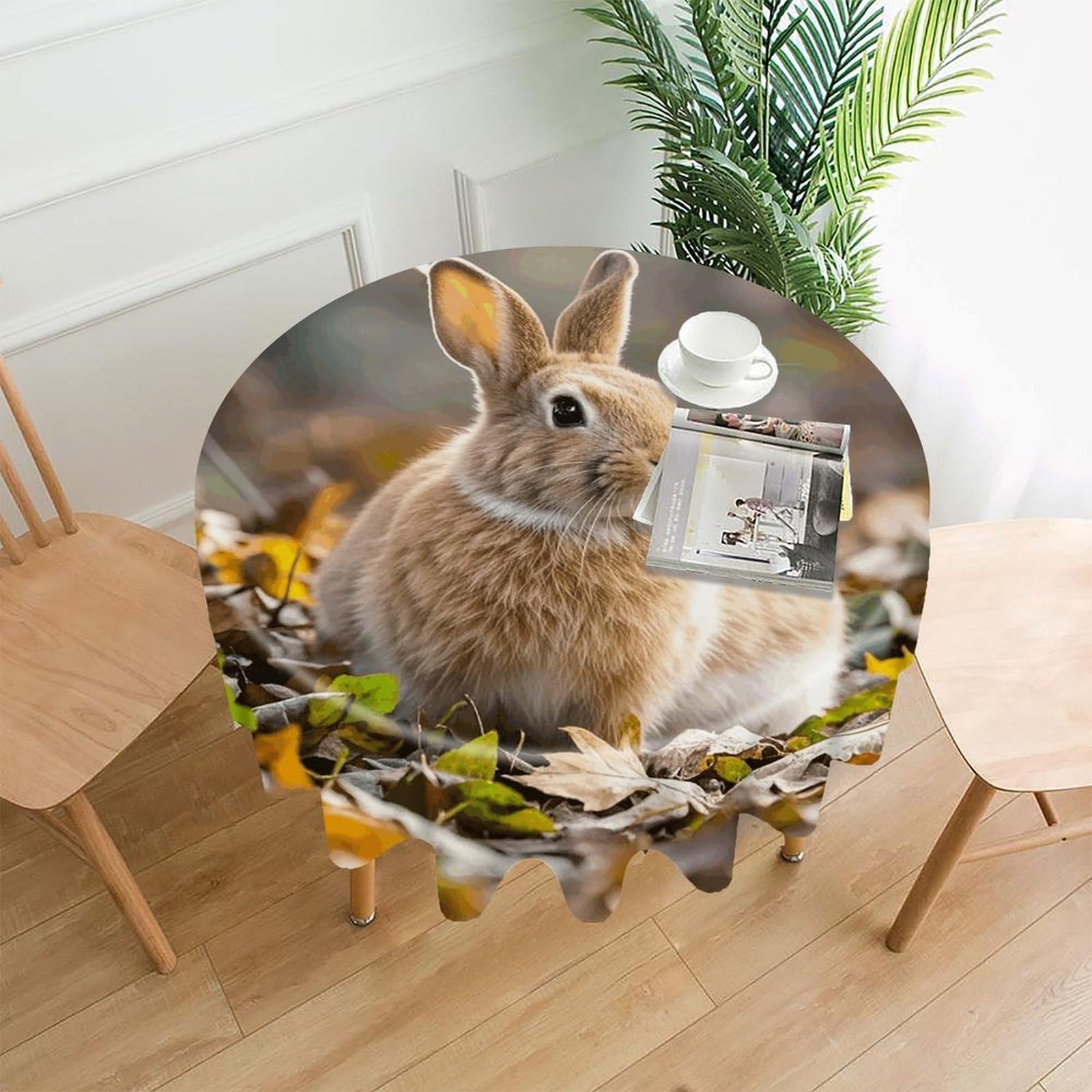 LZQPOEAS Rabbit in Leaves Tablecloth Decorative Round Table Cloth Wrinkle Resistant Round Tablecloth Washable Circle Table Cover for Kitchen Dining Party Wedding Camping 60 Inch
