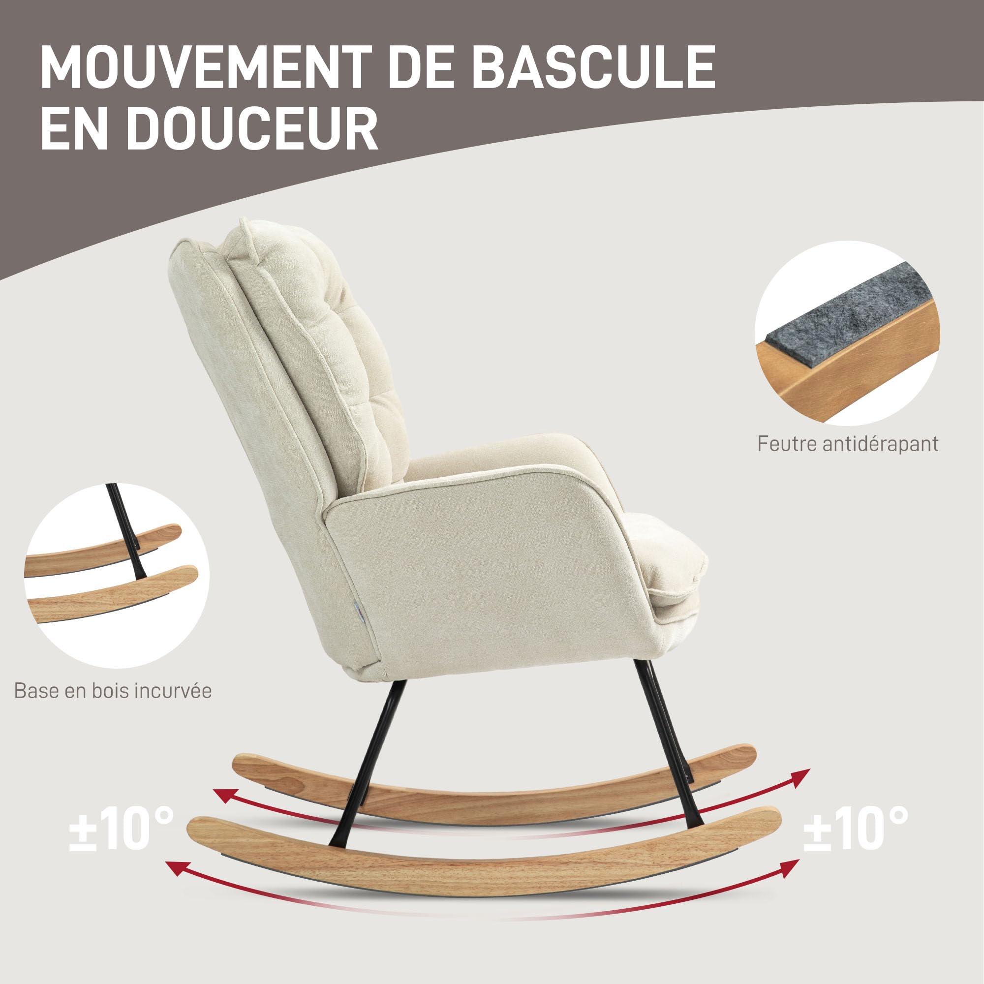 HOMCOM Fauteuil à Bascule, Rocking Chair en Chenille, Chaise à Bascule avec Dossier et Assise Larges rembourrés, accoudoirs, Base en Bois de hêtre, pour Salon, Chambre, Beige