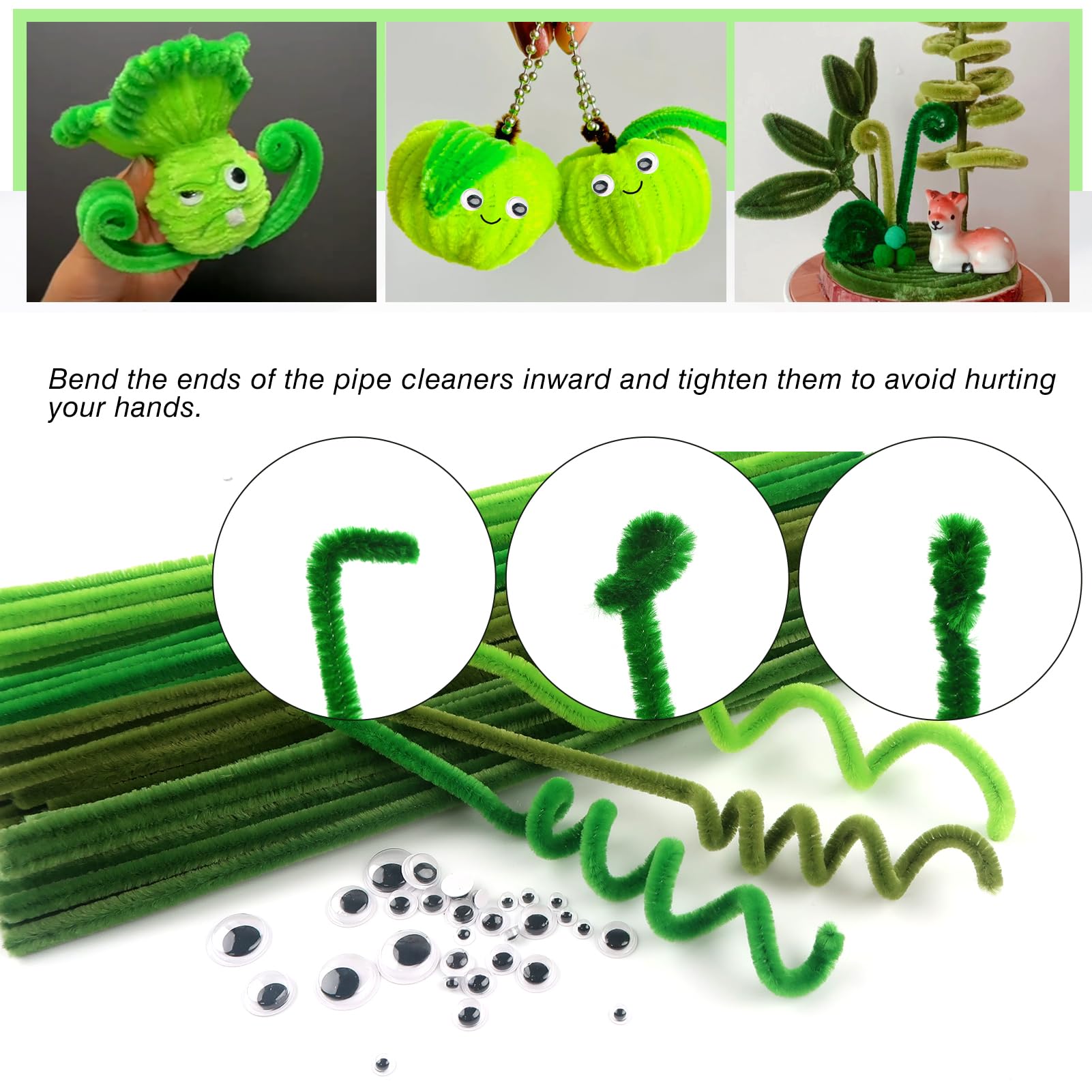 TOAOB - Lot 100 Cure-Pipes Chenille Vert + 100 Yeux Mobiles - Loisirs Créatifs
