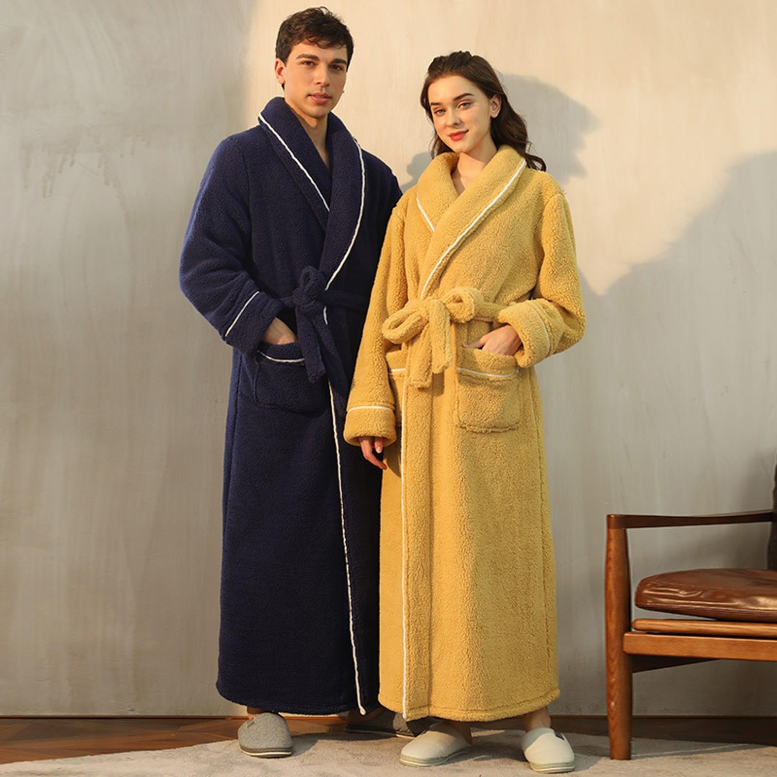 Albornoces largos y cálidos para hombre y mujer, para invierno, albornoz de franela de viaje, de forro polar, tallas grandes, bata de baño de manga larga, suave, cómoda, mullida