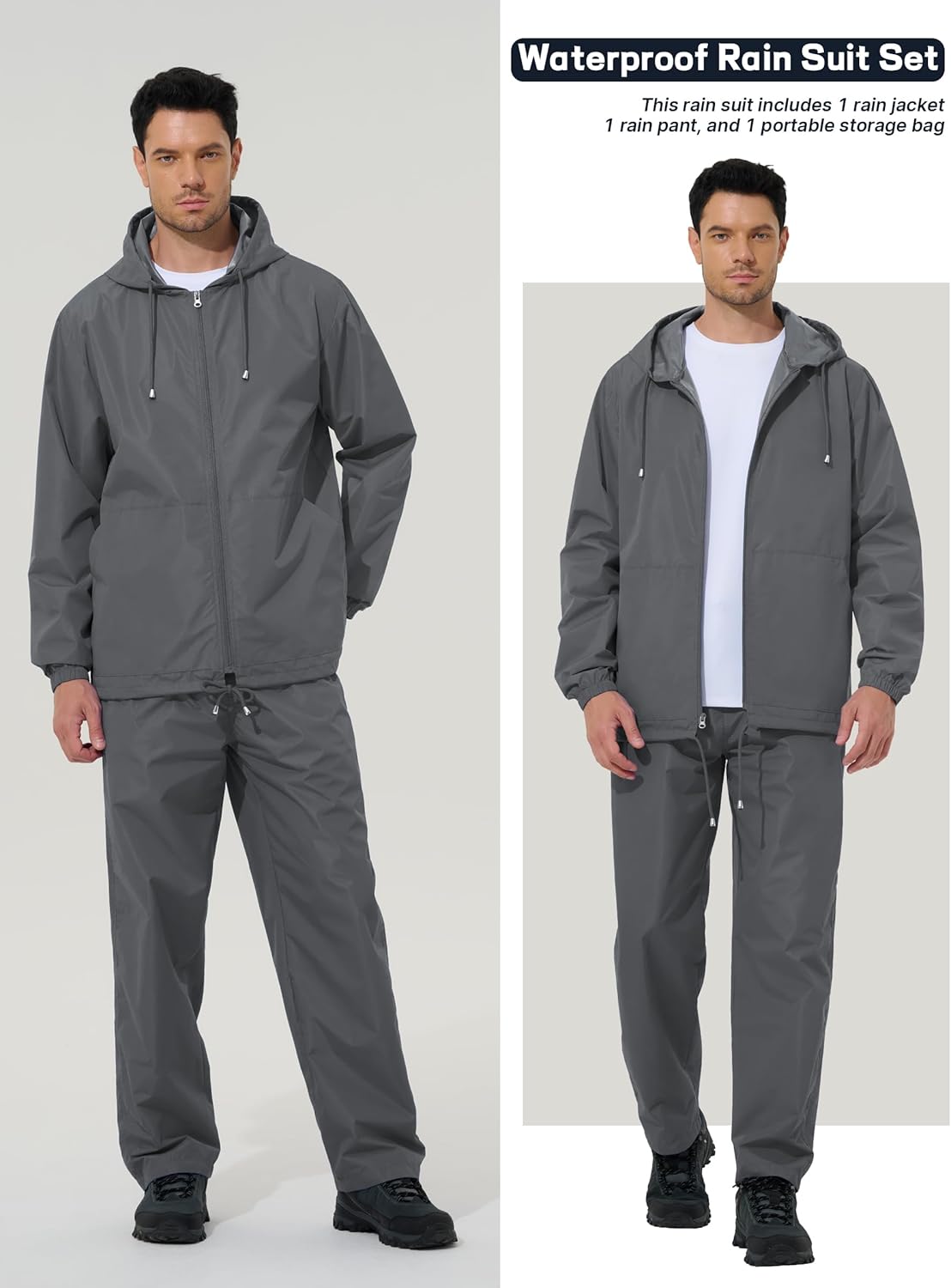 Mens Rain Suit Waterproof Rain Jacket with Rain Pants 2 Pieces Lightweight Packable Raincoat with Hood Running Cycling - Image 5