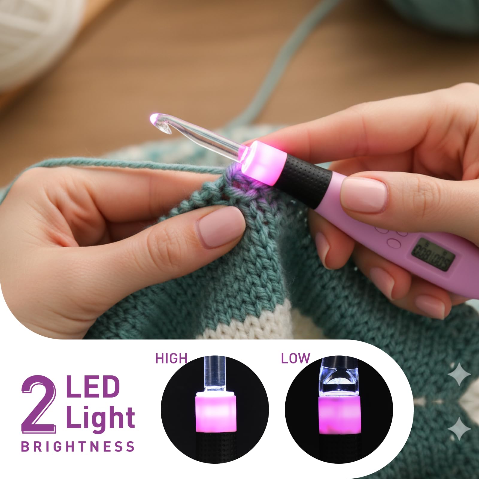 Weytoll LED Juego de Ganchos de Ganchillo, Recargables, Iluminados Agujas de Ganchillo de 2 mm a 14 mm, con 24 Puntas Intercambiables Contador Digital