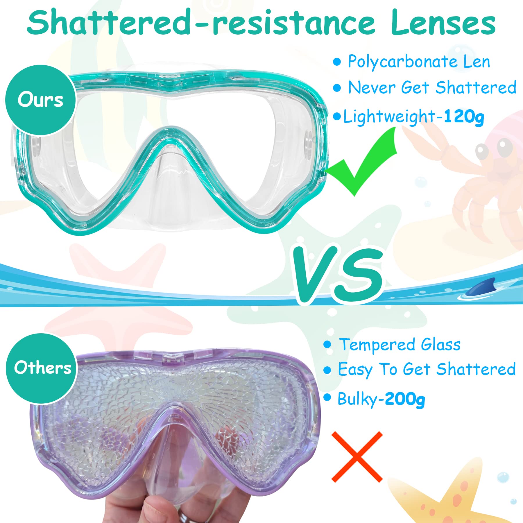 Vvinca Taucherbrille Kinder mit stoffband, Schwimmbrille Kinder für Jahre Jungen Mädchen,Schnorchelmaske Kinder 180° Panorama Anti-Leck Tauchmaske Kinder für 3-13 Jahr