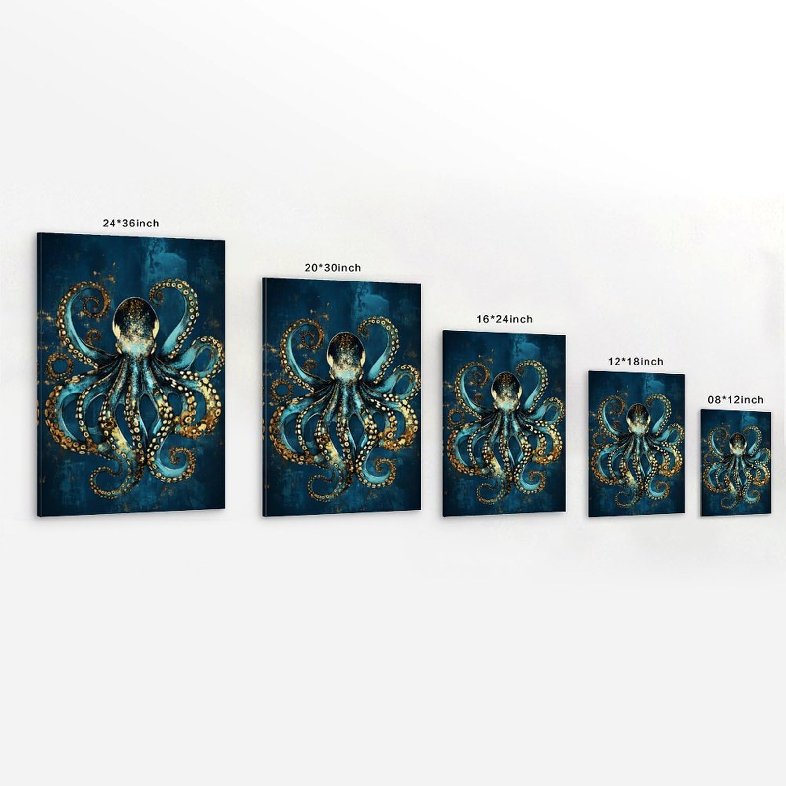Séa Lifé inspiriertes abstraktes blau-goldenes Oktopus-Kunstwerk, elegante hängende Gemälde, Poster, Wandkunst für Wohnzimmer, Innendekoration, 60 x 90 cm