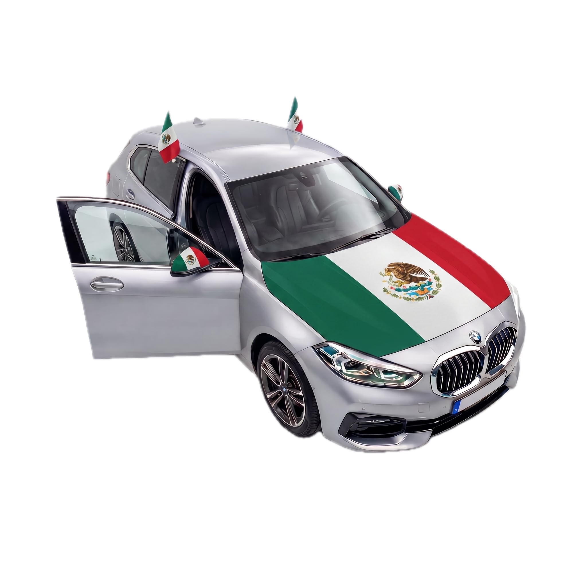 Auto Fahnen Mexiko Komplett Set - Motorhaubenfahne, 2 Autofahnen Fenster & 2 Außenspiegelfahnen, Fußball Fanartikel FZG für EM & WM, Mexikanische Flagge Fahrzeug Deko