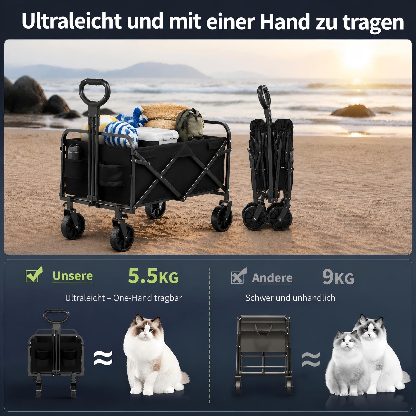 Zstar Bollerwagen Faltbar 220L, 73 x 46,5 x 89,5 cm, Handwagen mit 180 kg Tragkraft, 360° Geländerädern, Verstellbarem Griff, 600D Oxford-Gewebe, für Camping, Garten, Strand und Einkäufe, Schwarz