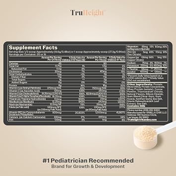 TruHeight Growth Protein Shake (Vanilla Ice Cream Flavor, Whey) Tall Nutrition for Natural Growth & Development - Protein Powder for Kids & Teens, Weight Gain Drinks - Picky Eater Vitamin, Ages 4+