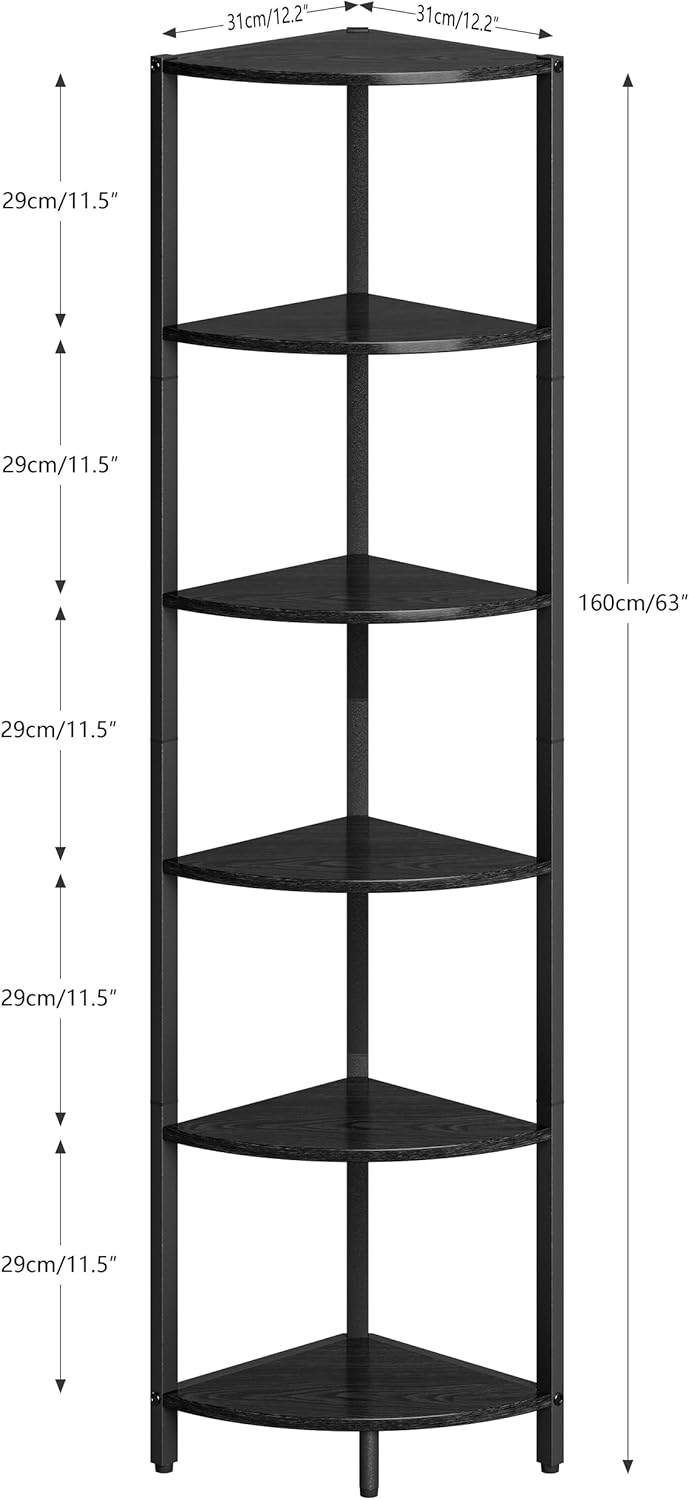 6 Tier Corner Shelf 63.1" Tall Corner Shelves stand Ladder shelf metal Standing Bookshelf Organizer Display Rack Bookcase Plant Stand Industrial for Living Room Bedroom Black Wood grain CS-001B3