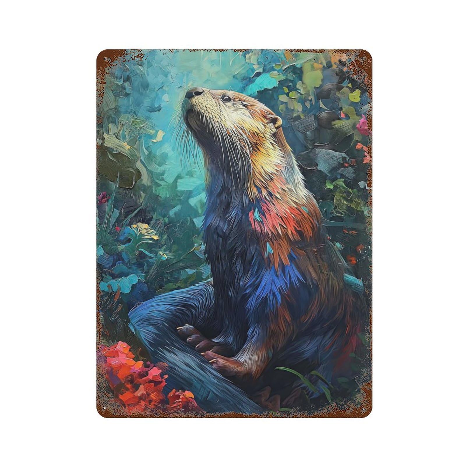 The Hunting Otter Aged Metal Wall Plaque 15.7"x11.8", Decorative Metal Wall Art for Garage, Pub Or Kitchen