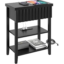 3imothrix Narrow End Table with Charging Station, Fluted Side Table with Drawer for Small Space, Modern Nightstand with Storage Shelves for Living Room Bedroom, Black