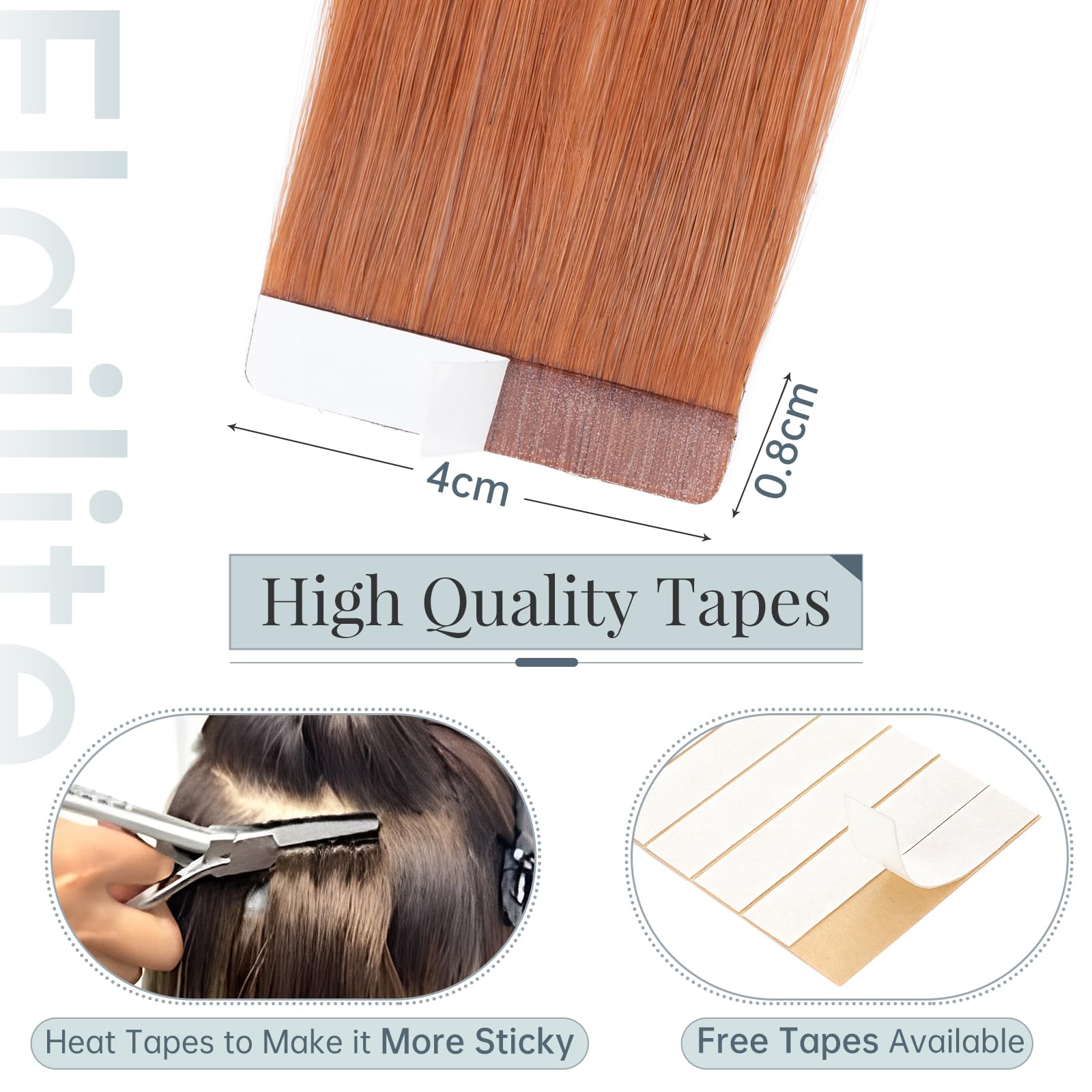 Elailite Extension Adesive Capelli Veri Biadesivo #33 Castano Ramato Scuro Tape Biadesive 20 Fasce 40cm 50g Capelli Lisci Remy Human Hair