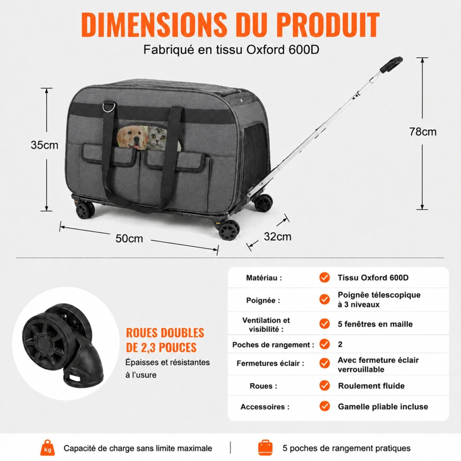 Sac de Transport Roulant pour Chat et Chien, Noir, avec poignée télescopique, bandoulière, Fermeture éclair autobloquante et gamelle Pliable, pour Voyage et Sorties