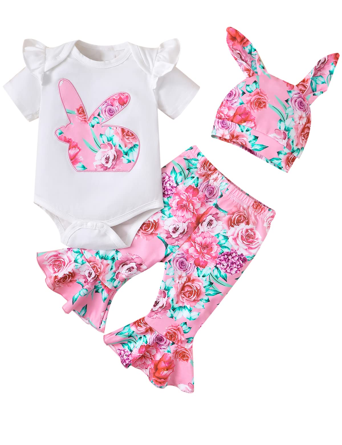 Aslaylme 3PCS Easter Day Outfit Set Baby Girls Bunny Floral Tops Pant Clothing Set