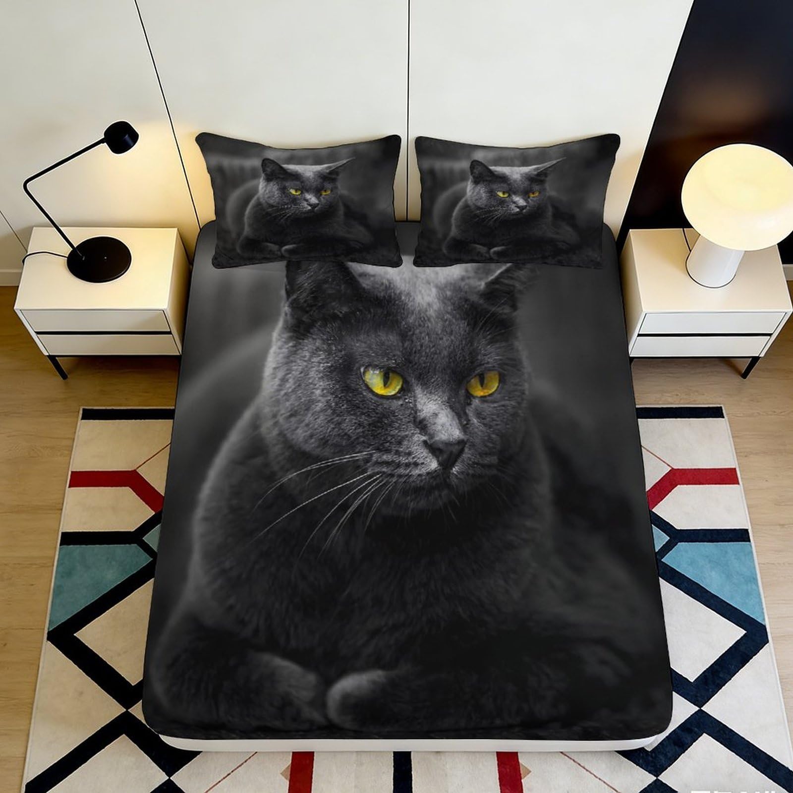 3D Printed Black Cat Fitted Sheet Microfiber Soft Durable Yellow Eyes Bed Cover for Bedroom Dormitory Guest Room Mattress Protection Decor 160x200x25cm