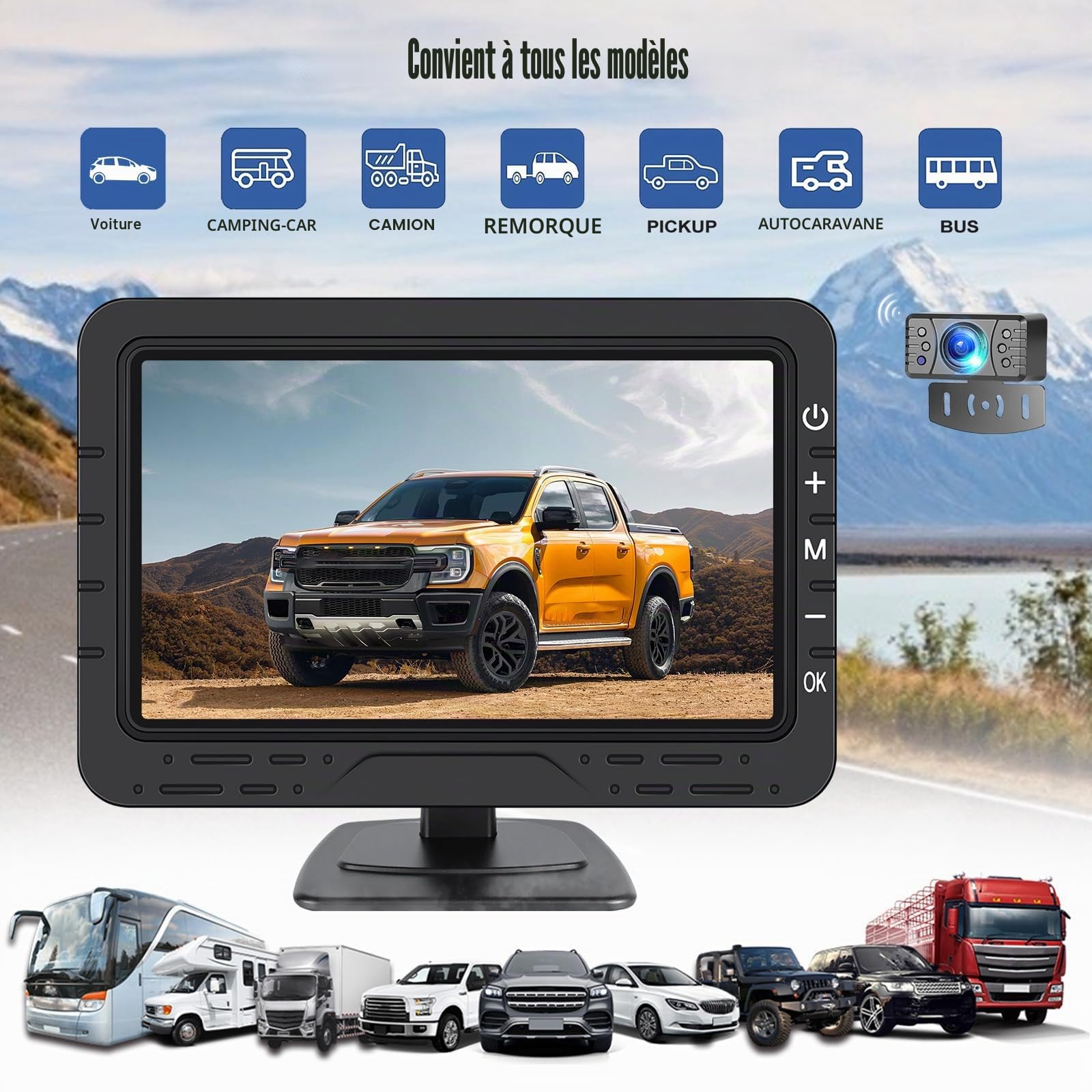 Caméra de Recul CAMECHO sans Fil 4.3 Pouces IP68 Étanche Vision de Nuit Grand Angle avec Écran TN Moniteur pour Tous Les Modèles, 12V à Haute Performance