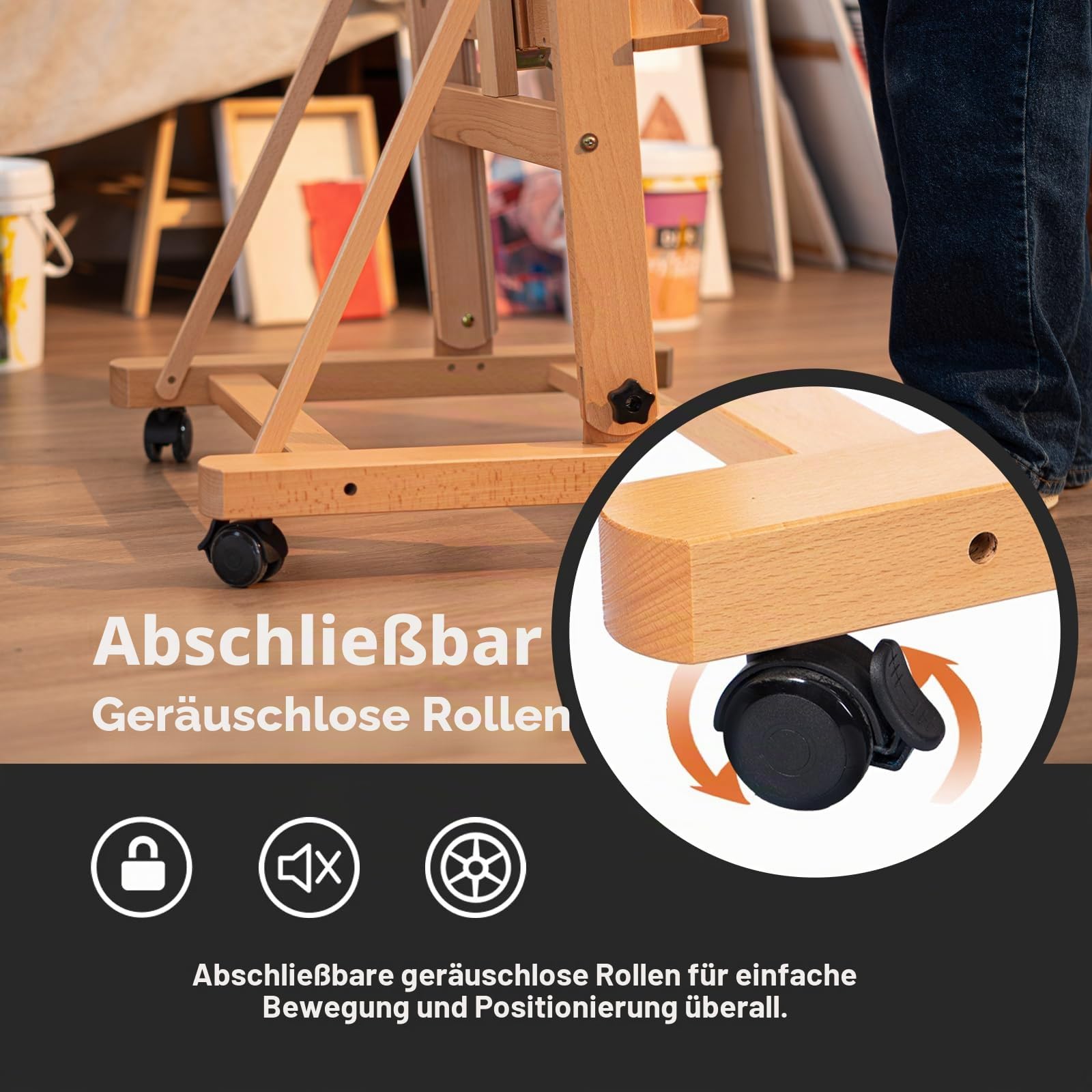 DJAR Große H-Rahmen Atelierstaffelei, Hält Leinwände bis 236 cm, Verstellbare Bodenstaffelei aus Buchenholz mit 360° Rollen, für Künstler & Profis