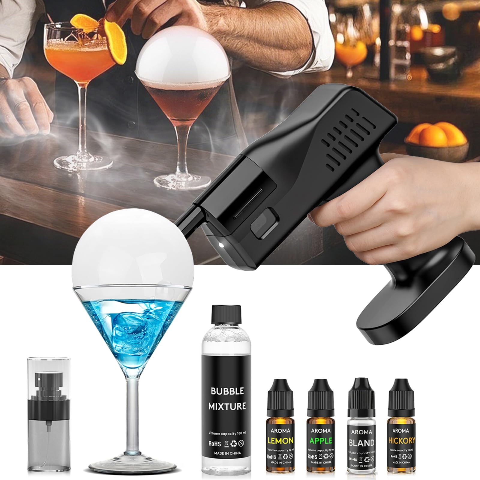 Seihoae Electric Cocktail Bubble Smoke Gun, One Key Operation, Handheld, with 1.4 Inch Color Screen, Suitable for Bartenders and Western Chefs, Restaurants, Bars, Parties, Indoors and Outdoors