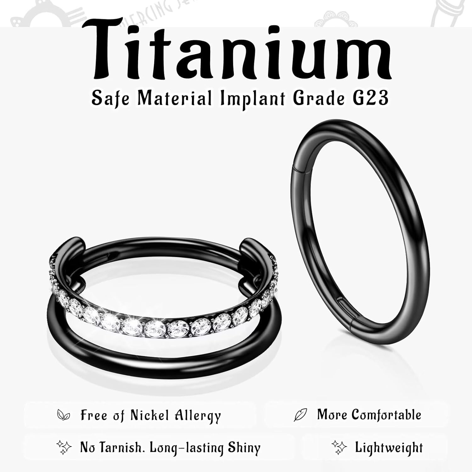 WBRWP G23 Titanium Conch Piercing Jewelry Set: 16G 8mm/10mm/12mm Double/Triple Hoop Nose Septum Rings Hypoallergenic Hinged Segment Clicker Helix Cartilage Conch Earrings - Image 2