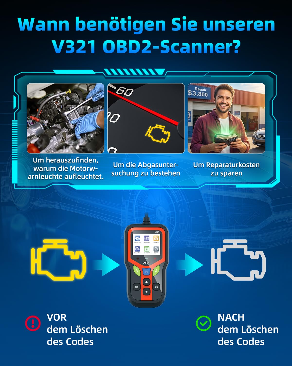Carehabi OBD2 Diagnosegerät, Diagnosegerät Auto, Auslesegerät Auto für Alle Fahrzeuge seit 1996 & Newer (Schwarz)