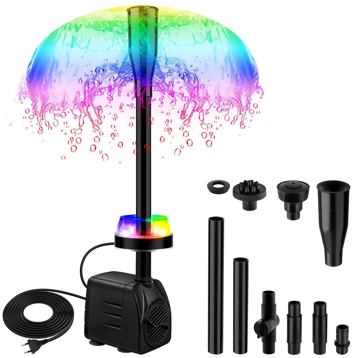 NATPOW Springbrunnenpumpe Aussen mit LED, RGB Teichpumpe für Miniteich, Aquariumpumpe mit 3M Kabel, 3 Wechselnden Farben, 3 Düsen, 800L/h 15W Gartenbrunnen Pumpe Klein für Gartenteich, Wasserfall