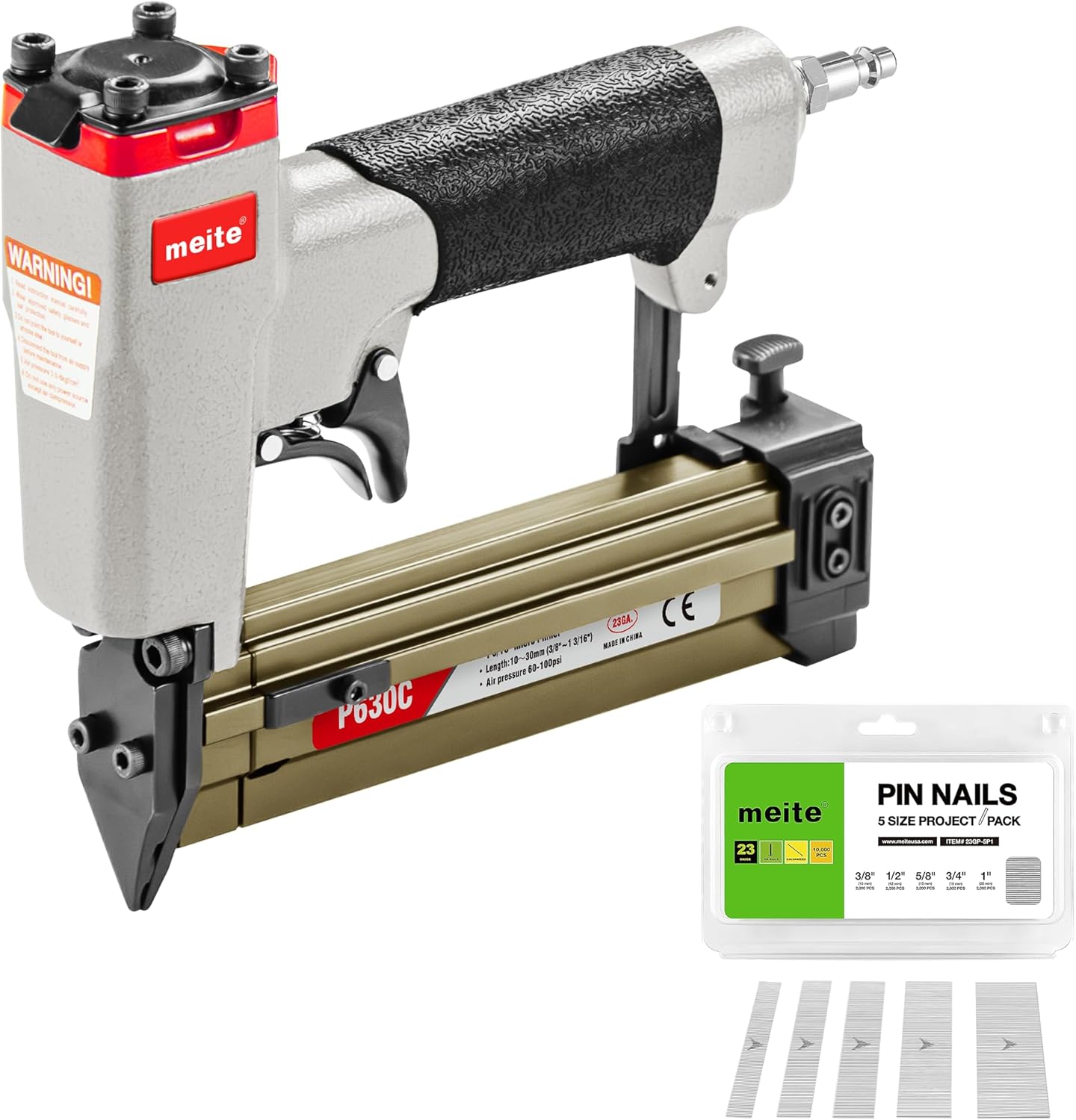 meite P630C Pin Nailer, Pneumatic Micro 23 Gauge Pin Nailer Gun, Accept 3/8-Inch to 1-3/16-Inch 23Ga Pin Nails, Ideal for Cabinets, Paneling, Crafts, Picture Frames