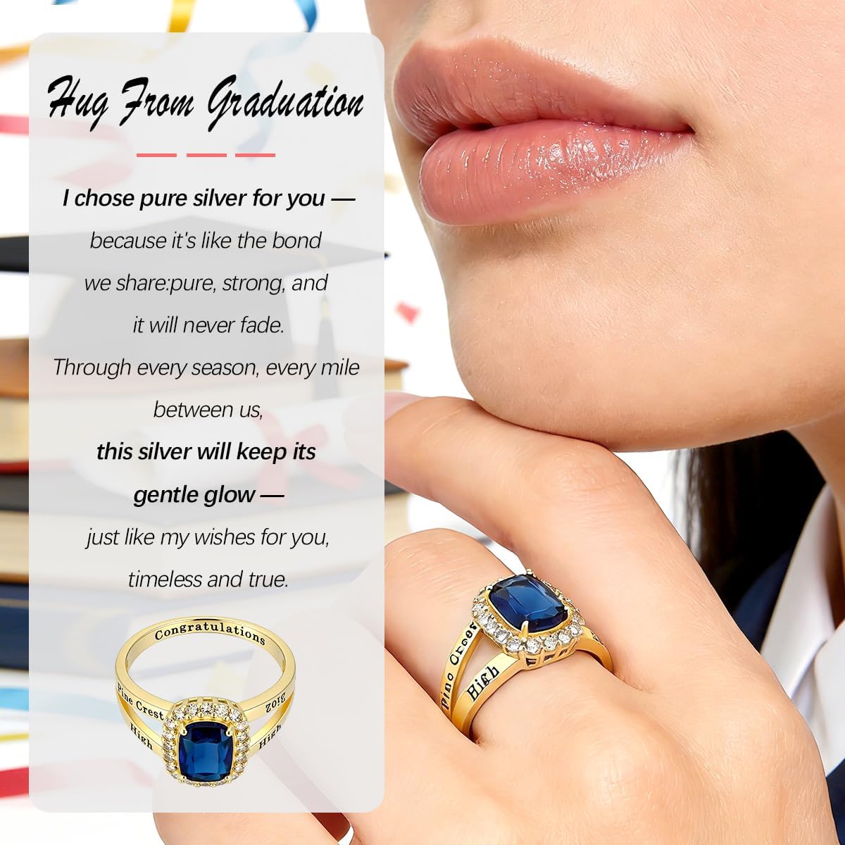 Personalized 10kt White Gold Class Ring with Cubic Zirconia Birthstone Women's Graduation Customizable Women's Class Ring High School & College Sizes 5-15