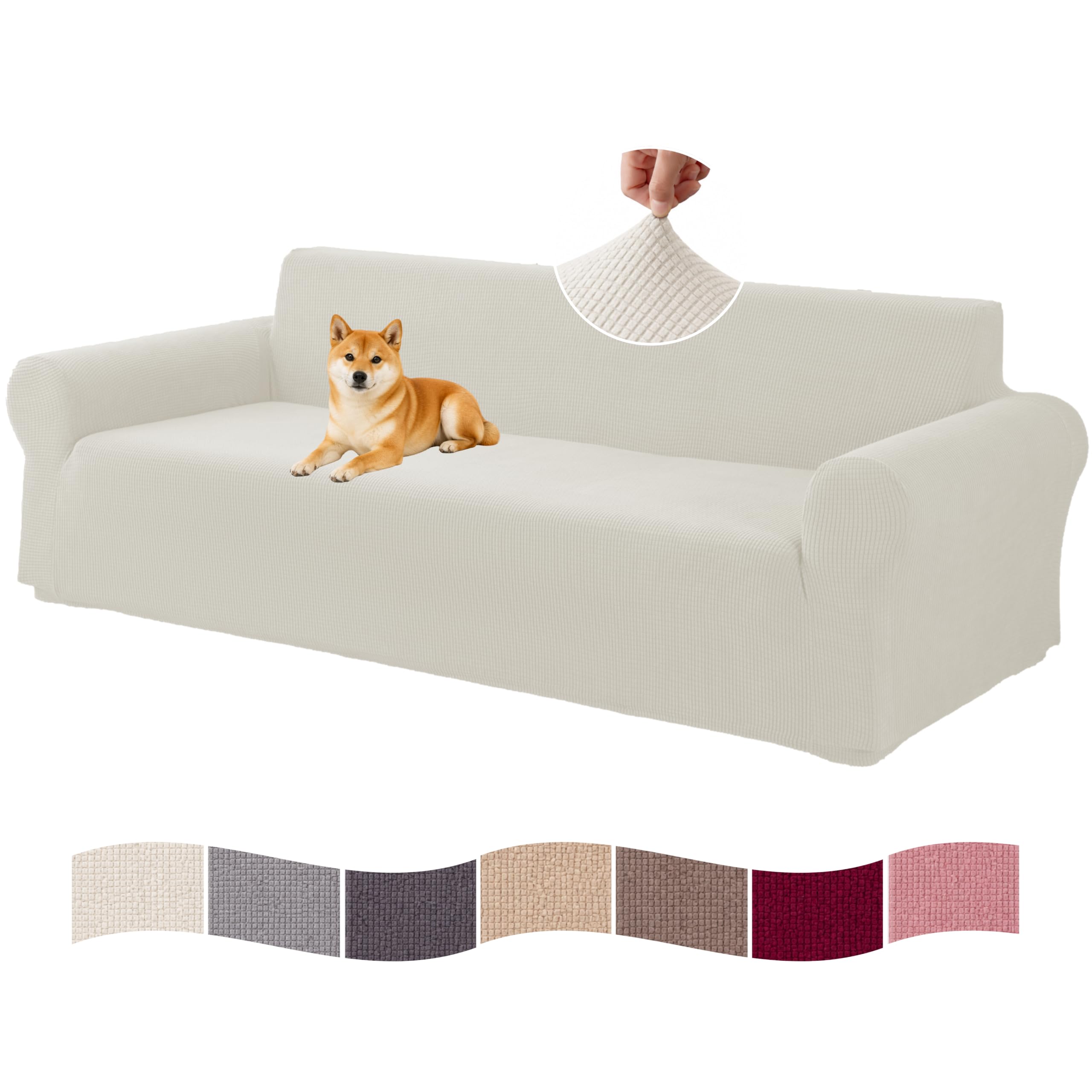 VKZ Funda de Sofá Ajustable, Cubresofa para 4 Plazas,Funda Sofá Protectora y Decorativa, Fácil de Colocar y Lavar,Crema