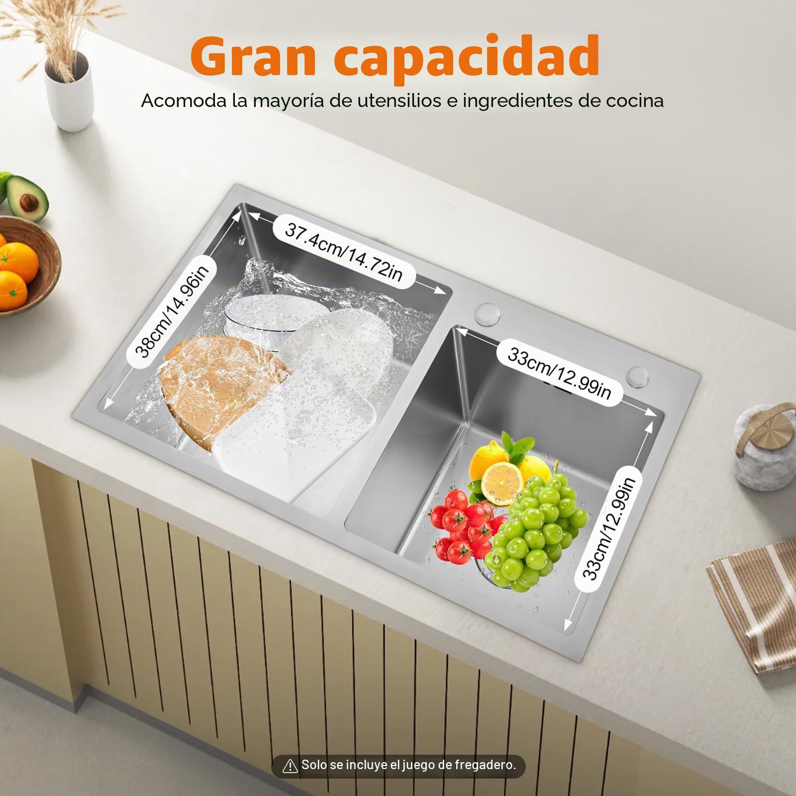 Fregadero doble de acero inoxidable, fregadero de cocina doble con escurridor, bajo encimera de acero inoxidable, fregadero empotrable para cocina, baño, 78 x 43 x 21 cm