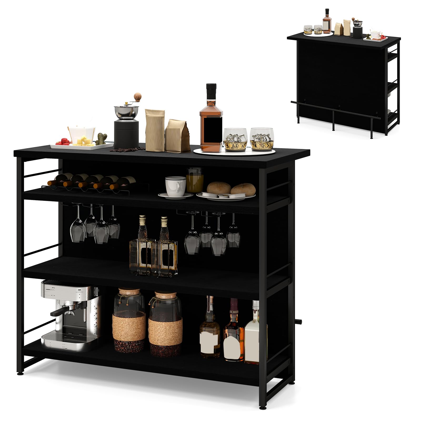 GIANTEX Central Cucina con Piano di Lavoro, Tavolo da Bar a 4 Livelli con Porta Bottiglie, Porta Bicchieri, Porta Vino e Supporti per Bicchieri da Piedi, 60 x 120 x 101 cm