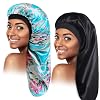 2 Pcs Satin Bonnet,Long Hair Bonnet,Sleep Cap for Black Women,Silk Bonnet with Soft Elastic Band,Satin Sleep Cap for Curly Hair Braids Dreadlocks,Silky Hair Loose Cap for SleepingBlackBlue Flower