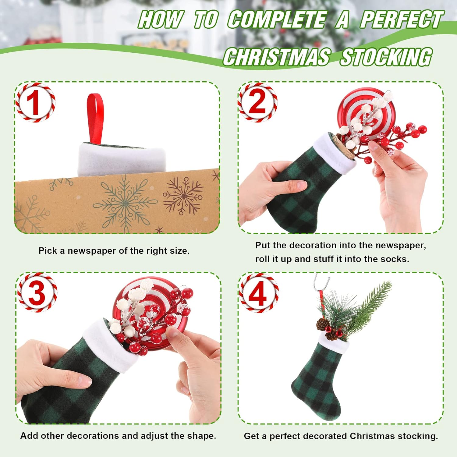 BBTO Plush Cuff Christmas Mini Stockings 7 Inch Buffalo Plaid Hanging Stockings Xmas Candy Holder Tableware Holders(Green and Black,60 Pieces)