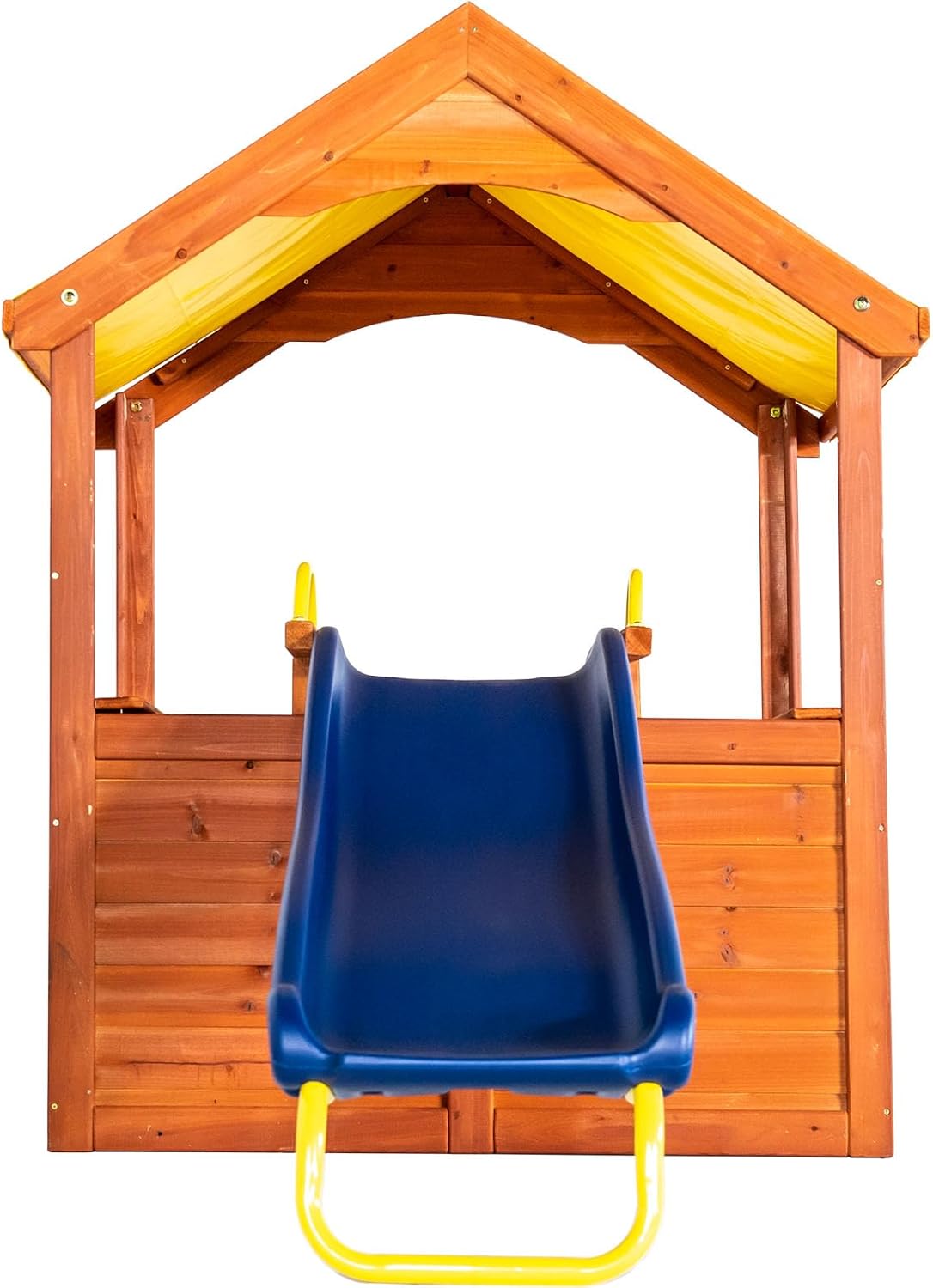 Sportspower Encinitas Wooden Playhouse with 4' Slide, Yellow Canopy & Table, Outdoor Backyard Playhouse for Kids with Ladder, Working Door, Easy Assembly