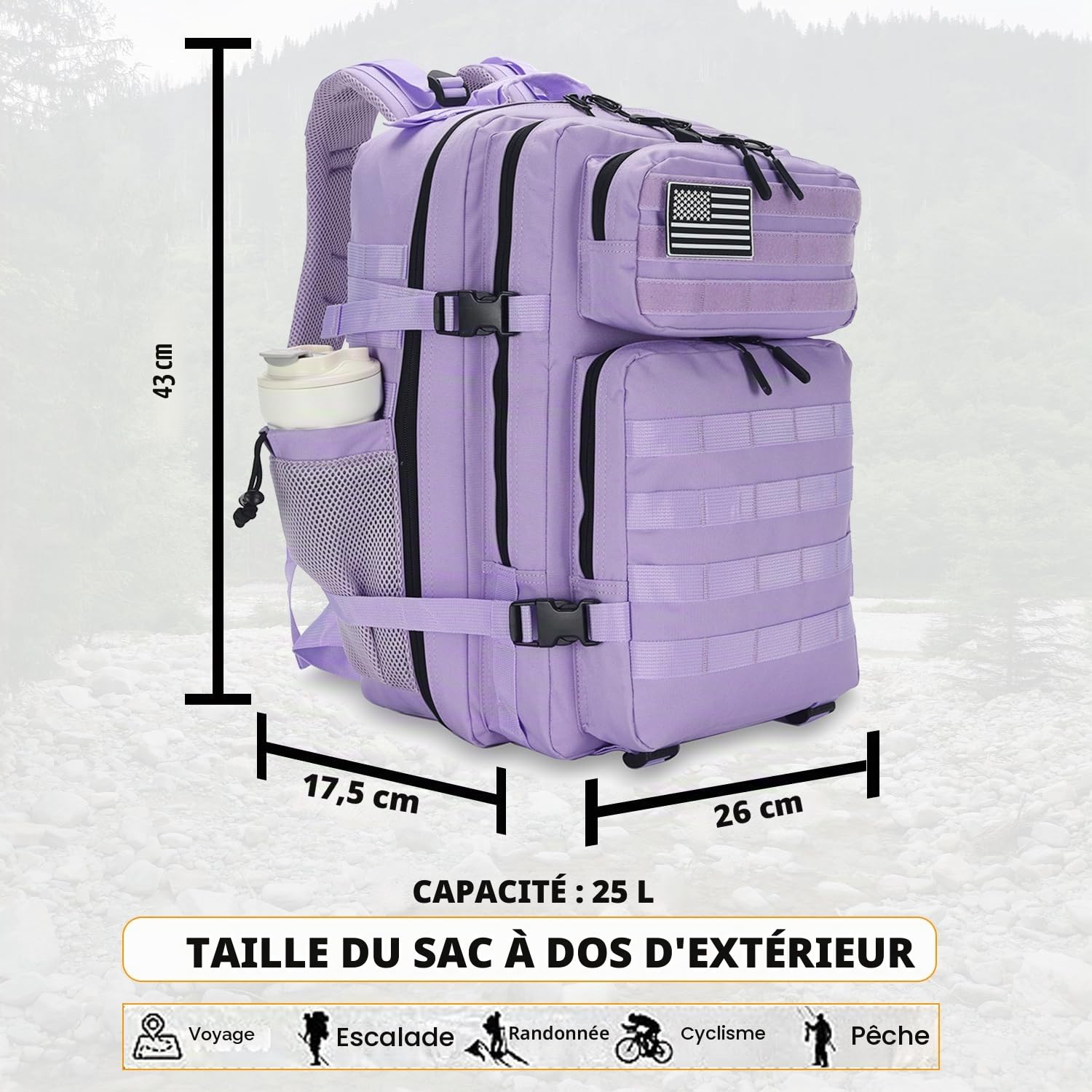 Lovelinks21 Sac à dos tactique 25 L imperméable militaire pour homme et femme Petit sac à dos de voyage Velcro, violet clair, S