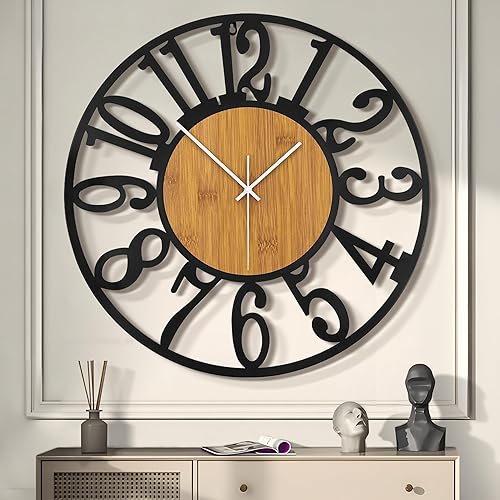 Miniatura 23 de LEIKE Relojes de pared extra grandes, silenciosos con pequeño tictac, reloj de pared redondo vintage moderno de madera que funciona con baterías