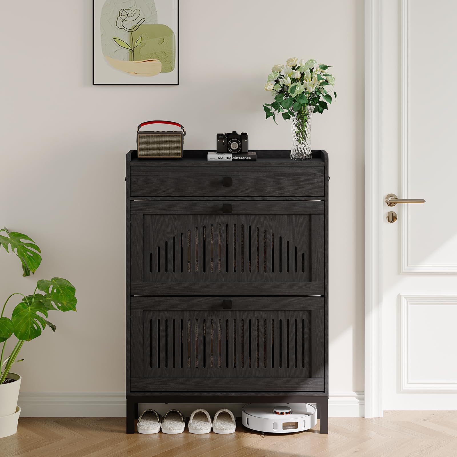 Condition photo showing New/Like New for garvee 2 flip drawer shoe cabinet with adjustable shelves, hidden shoe cabinet organizer with top drawer, freestanding wooden shoe rack for entryway, hallway, living room, black