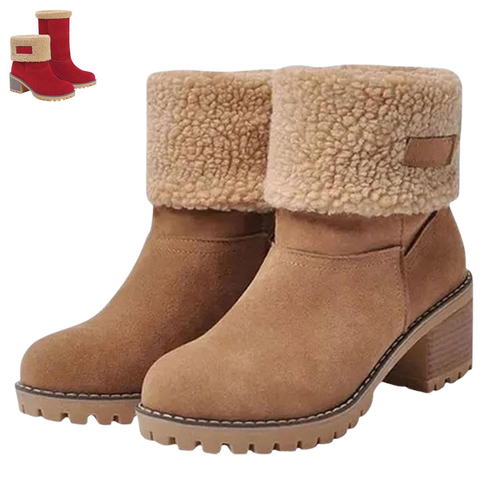 2026 New Womens Winter Boots with Fur Lined Chunky Heel Ankle Booties Warm Slip On Snow Boots Casual