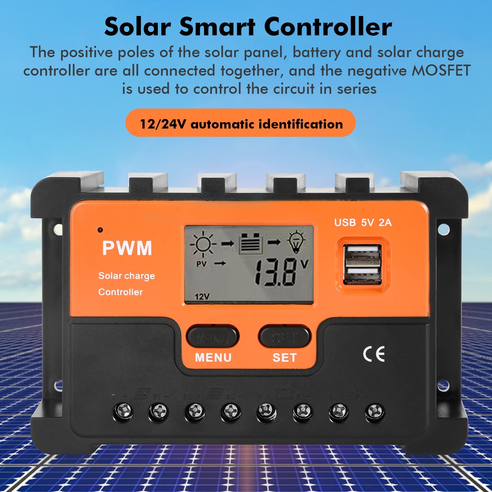 DEWIN Contrôleur de Charge Solaire 30A 12V/24V Régulateur de Charge Solaire PWM Régulateur de Panneau Solaire Double Sortie USB 5V Pour Gel Sealed Flooded et la batterie lithium