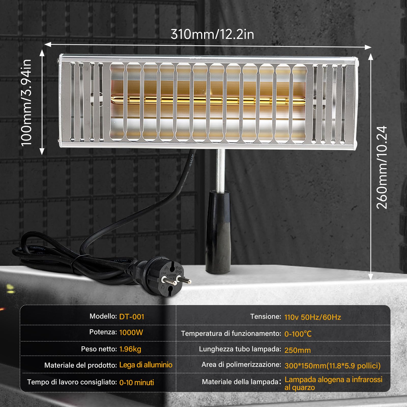 DATOUBOSS Lampada Infrarossi per Carrozzeria 1000W, Lampada per Asciugatura Vernice 220V, Essiccatore Portatile per Riparazione Carrozzeria Auto e Lavori di Verniciatura (300×150mm)