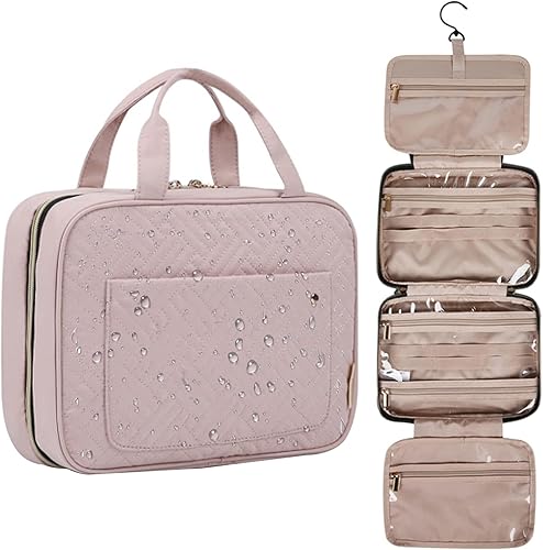 LokweeTal Neceser de viaje para mujer, impermeable, con bolsillo frontal, bolsa de cosméticos de gran capacidad, color negro, bolsa de aseo, Rosa