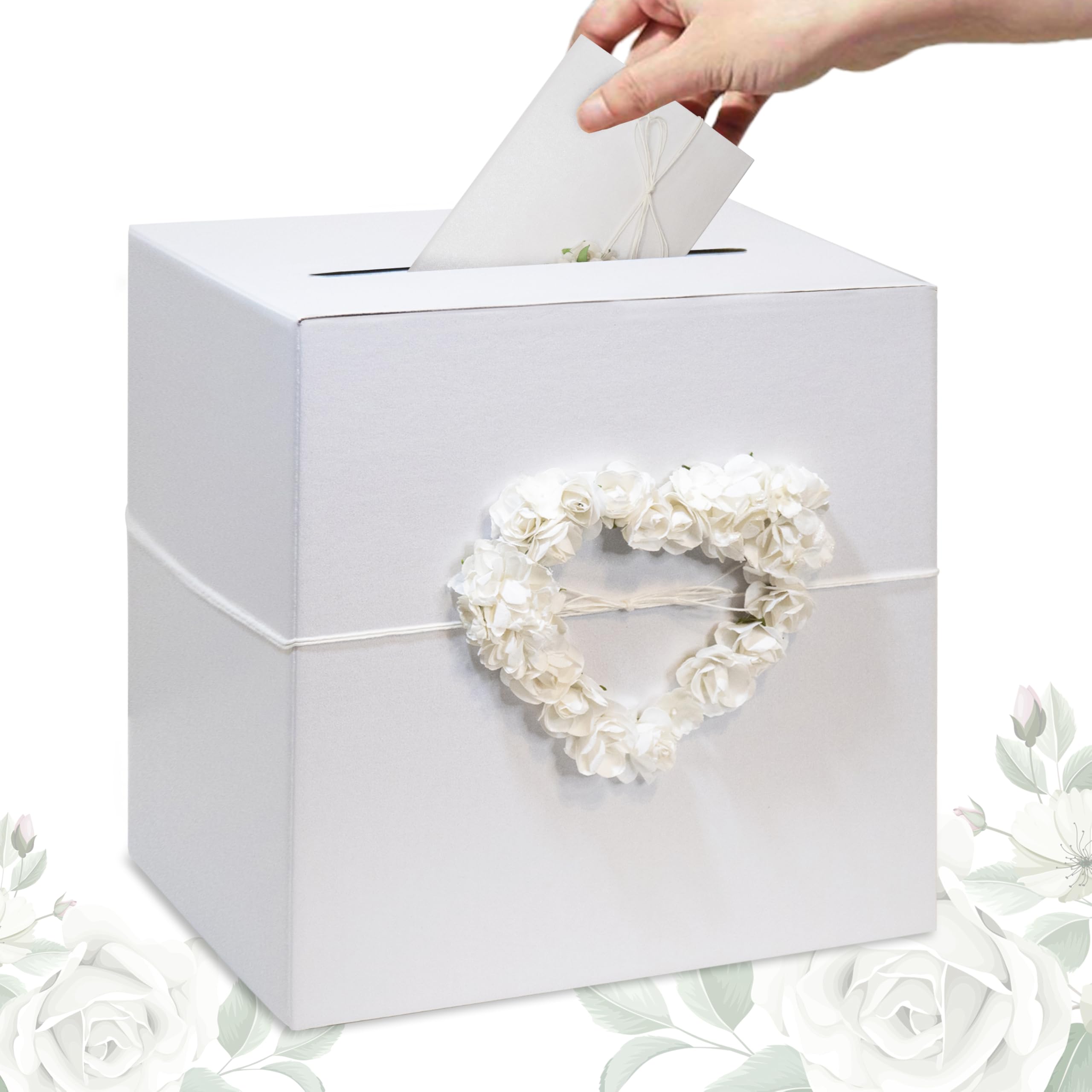 Scatola Porta Buste Per Matrimonio - Card Box Elegante Con Cuore Fiori Bianco Perla - Foto 6
