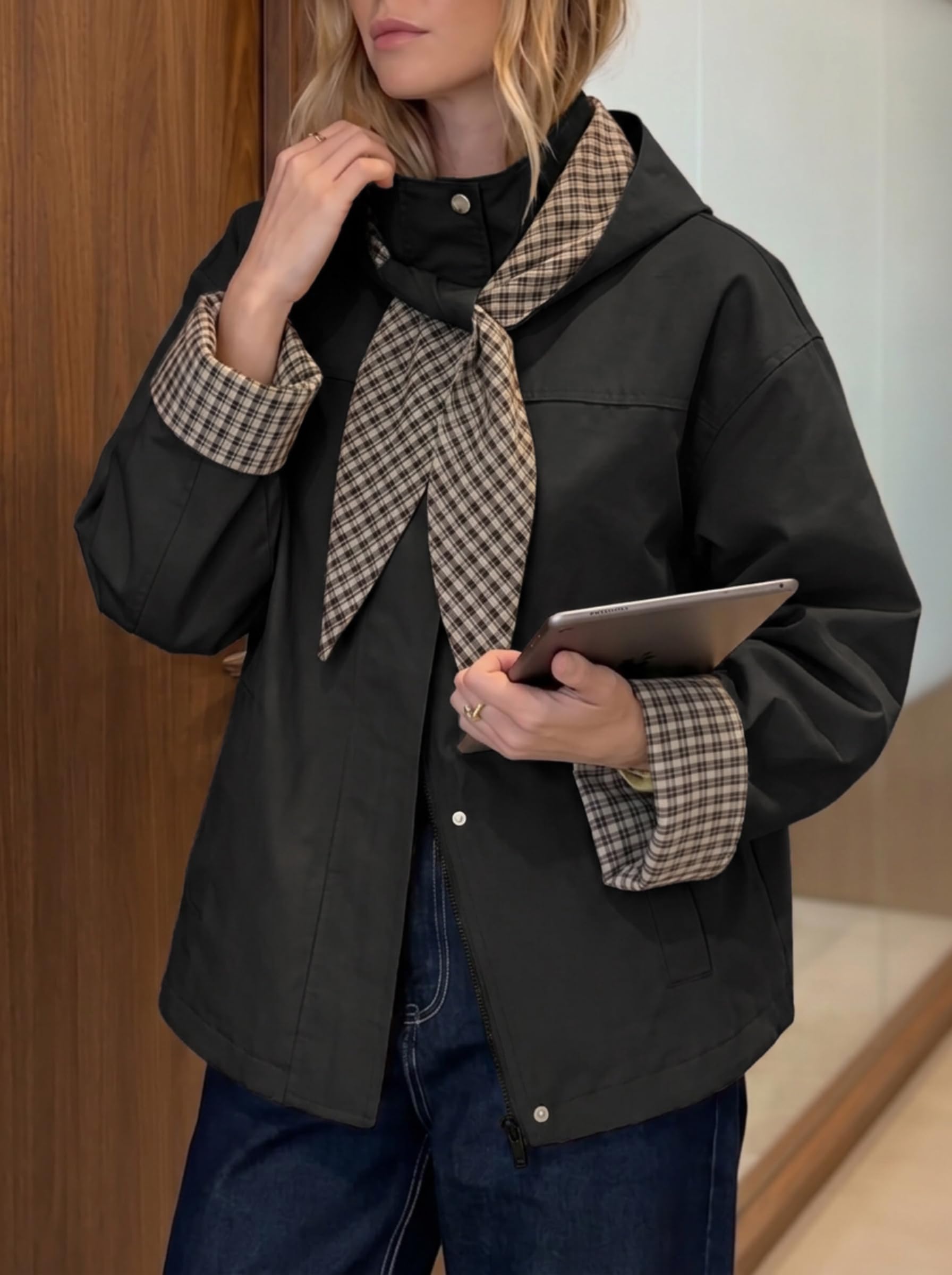 Tankaneo Cropped-Trenchcoat für Damen, Herbstjacke mit karierter