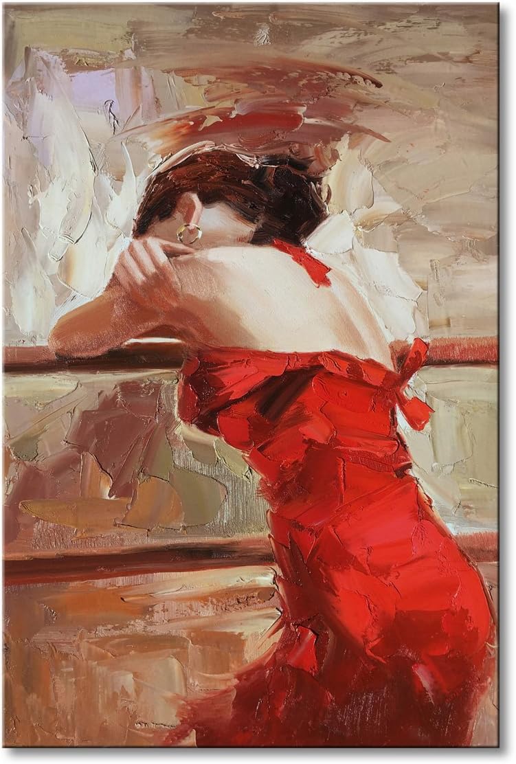 Handmade Flamenco Dancer Oil Painting on Canvas Red Impression Abstract Wall Art for Home Office Decoration