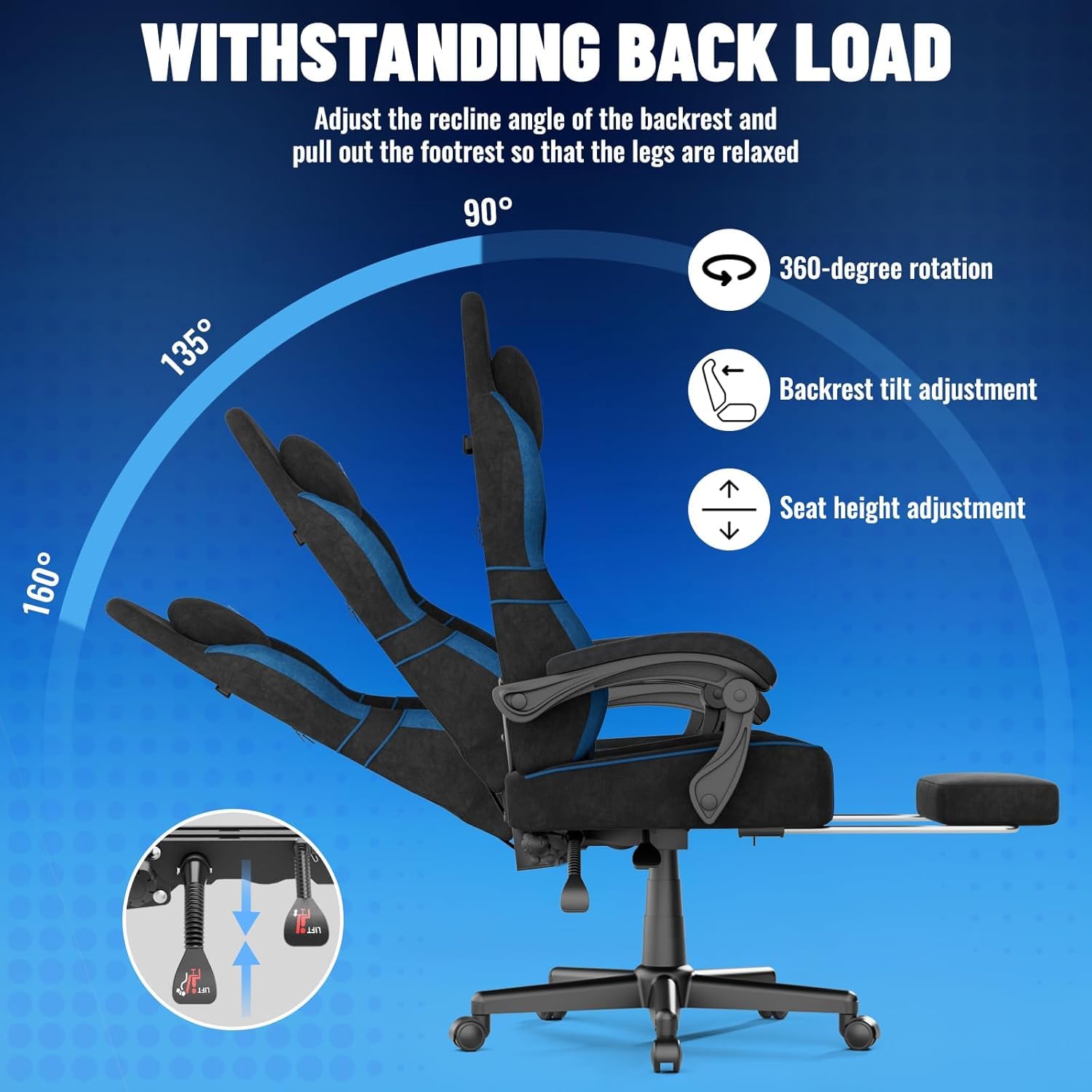 Soontrans Silla Gaming con Cojín Lumbar Masajeador, Silla Gamer con Reposacabezas, Reposapiés, Cadeira Gaming, Tela sintética, Altura Ajustable para Juegos (Negro y Azul)
