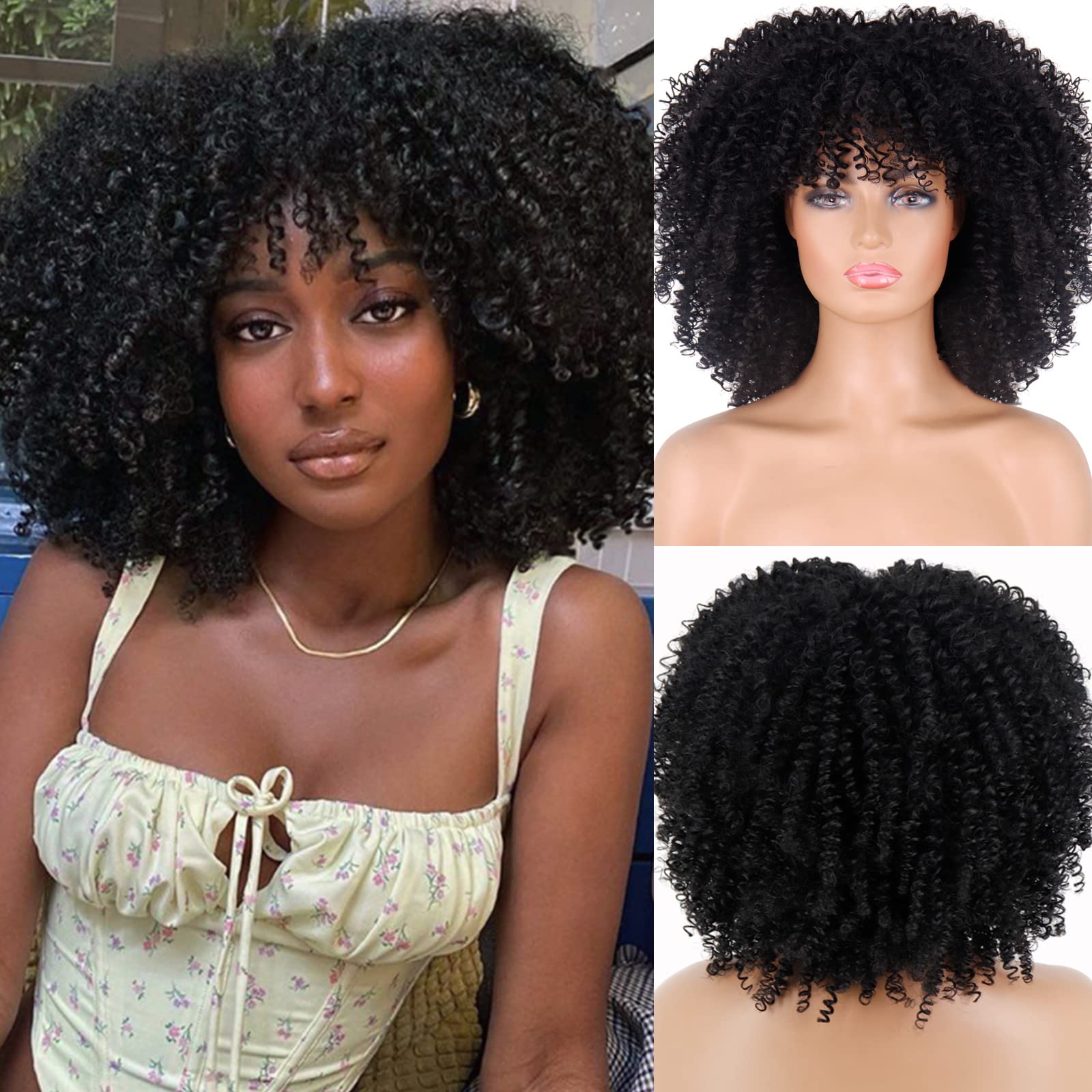Buy MISSQUEEN Curly Black Afro Wig with Bangs,Kinky Curly Afro Wig for